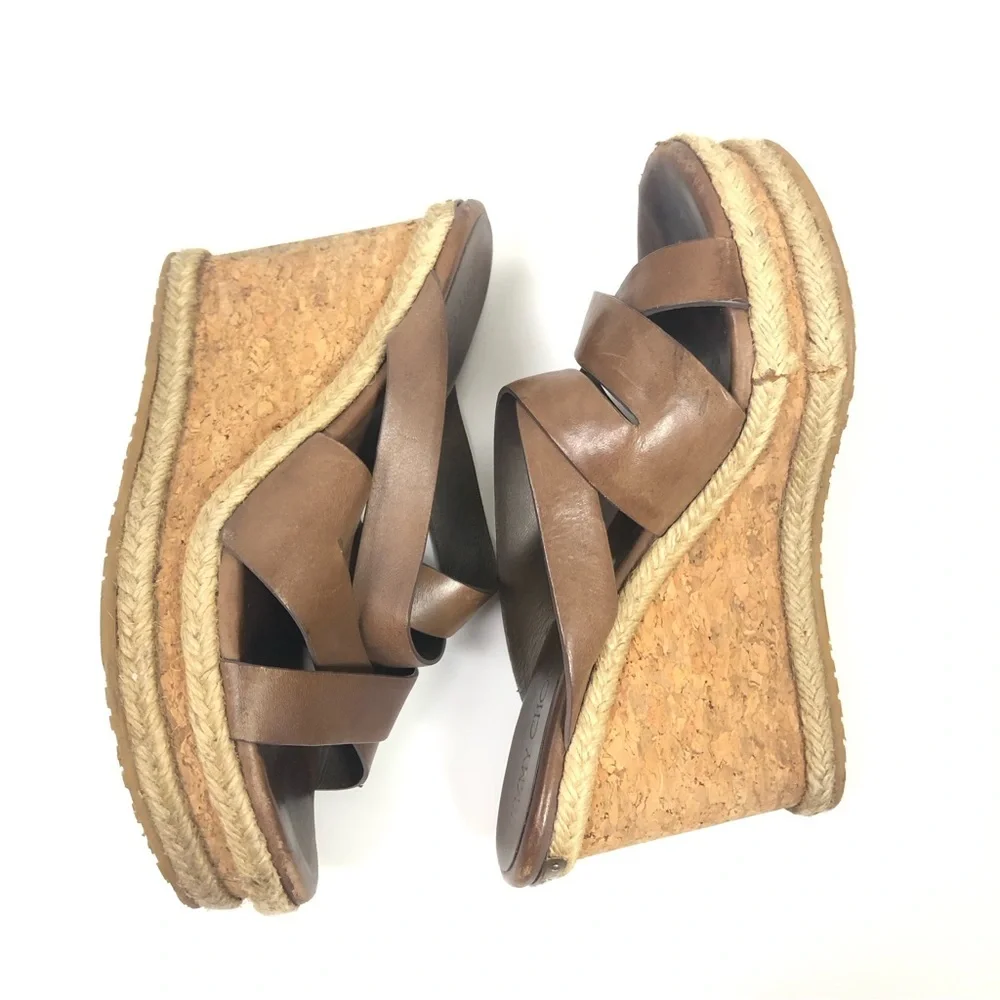 Jimmy Choo Cork Wedge 38 Heels Sandals Camel Brown Leather Strappy Shoes